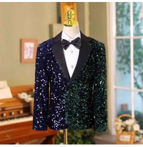 Boys kids green blue sequin jazz dance coats pianist performance jacket drummer host singers Birthday wedding party flower boys blazers